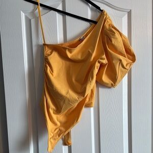 Free People Yellow-Orange Asymmetrical One-Shoulder Body Suit